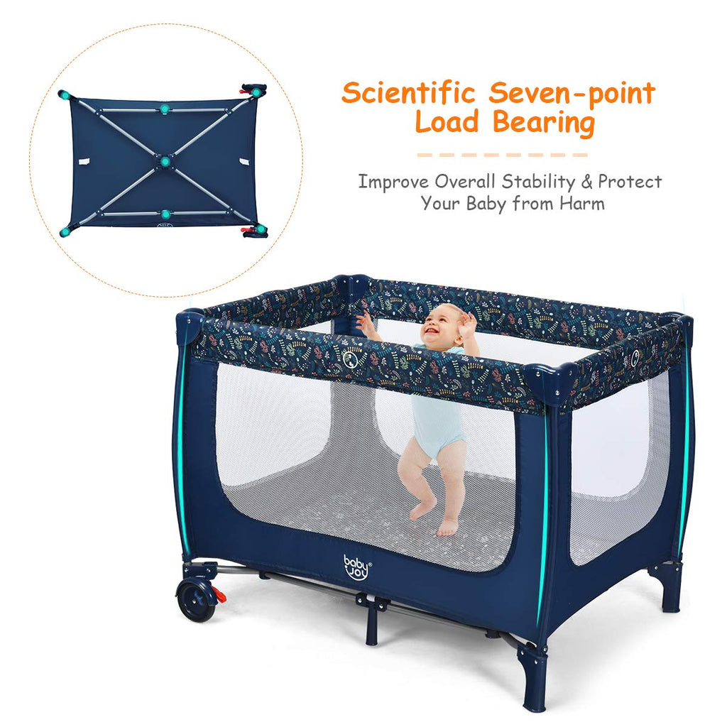 Blue Foldable Baby Playard with Bassinet and Carry Bag B737