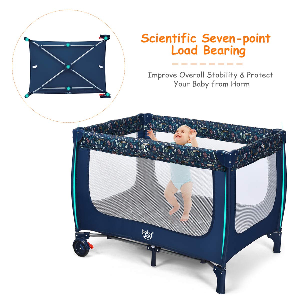 Blue Foldable Baby Playard with Bassinet and Carry Bag B737