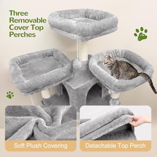 Light Grey 80inch Cat Tree with Scratching Post, Hammock, 3 Perches, 2 Condos, 2 Hanging Basket B841506