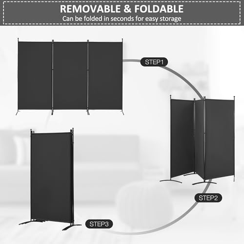 3 Panel Folding Fabric Room Divider, 102" W x 71" H (Black) R846772