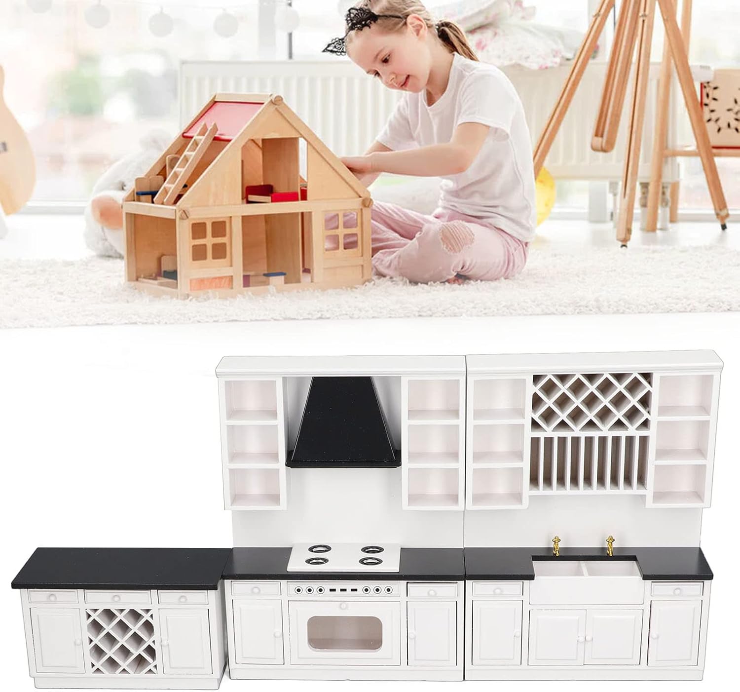 1/12 Birch Wood Miniature Kitchen Cabinet Set R36657