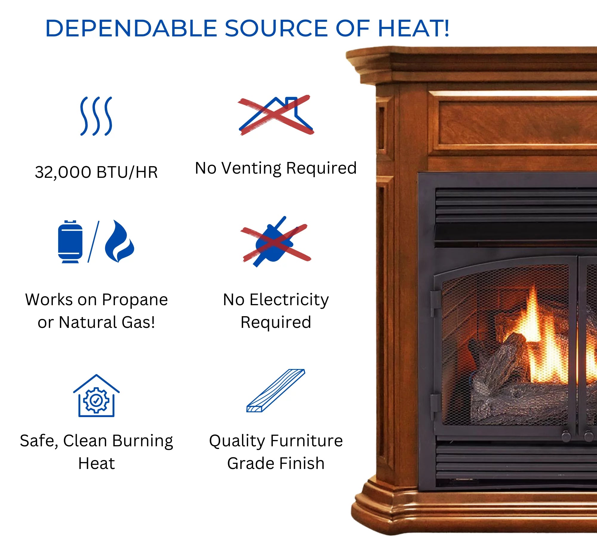 Dual Fuel Ventless Gas Fireplace, 32,000 BTU, Remote Control W343
