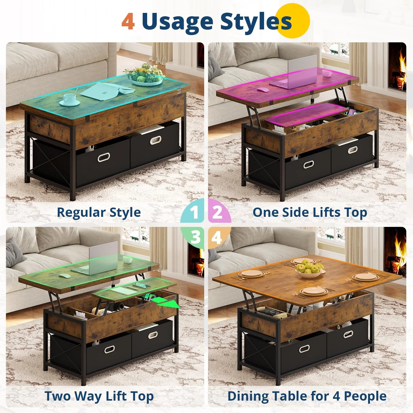 Rustic Brown Lift Top Coffee Table with Storage Drawers K48982
