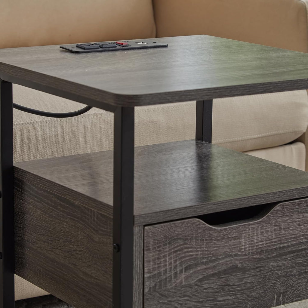 Grey Set of 2 Nightstand with Drawer and Charging Station V509