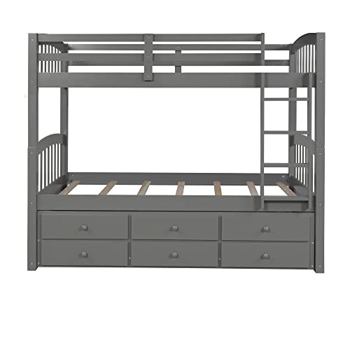 Twin Over Twin Solid Wood Bunk Bed with Storage Drawers and Trundle (Espresso) I26856