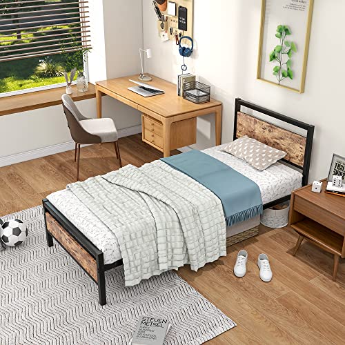 Queen Size Metal Platform Bed Frame with Wooden Headboard and Footboard, Black L37304