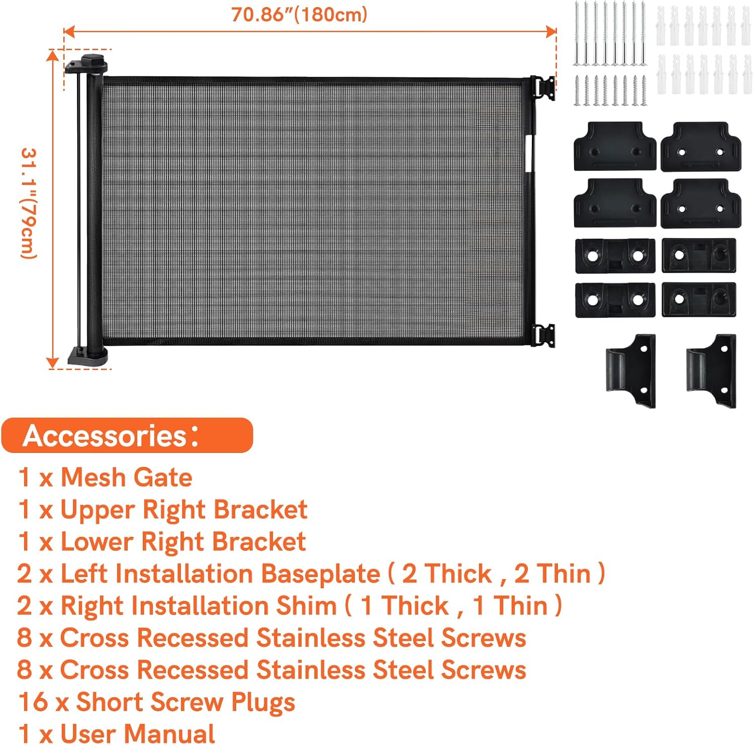 Black Retractable Baby Pet Gate, 31" Tall, Extends to 71" Wide I80763