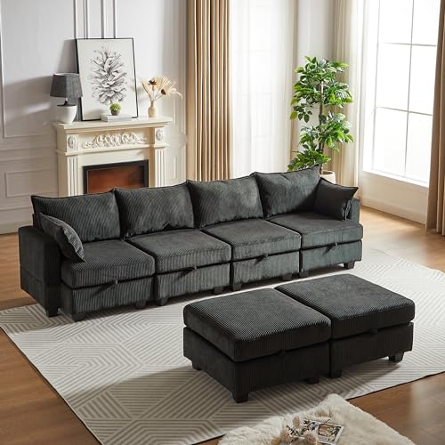 Oversized Modular Storage Sectional Sofa Soft Corduroy Upholstered Deep Seat Convertible Sleeper Couch Bed with 2 Pillows P36530