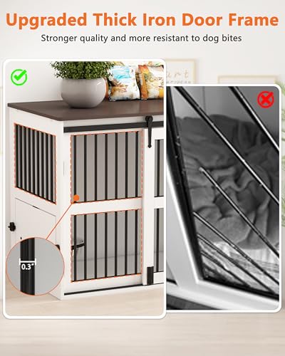 84.5" Double Medium Dog Crate Furniture with Drawer and Cabinet, Barn Sliding Doors, Rotatable Dog Bowls Feeder I207