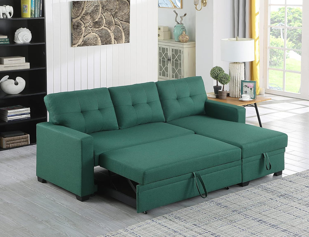 Green Upholstered Pull out Sectional Sofa with Chaise I391659