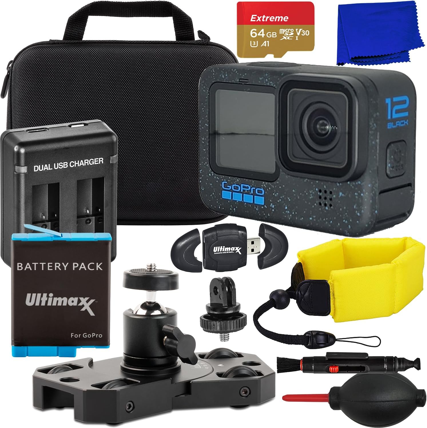 64GB Micro Extreme Memory Card, Portable Mini Metal Camera Dolly, Replacement Battery (1720 mAh), Dual Battery Pack Charger (17pc Bundle) S1373