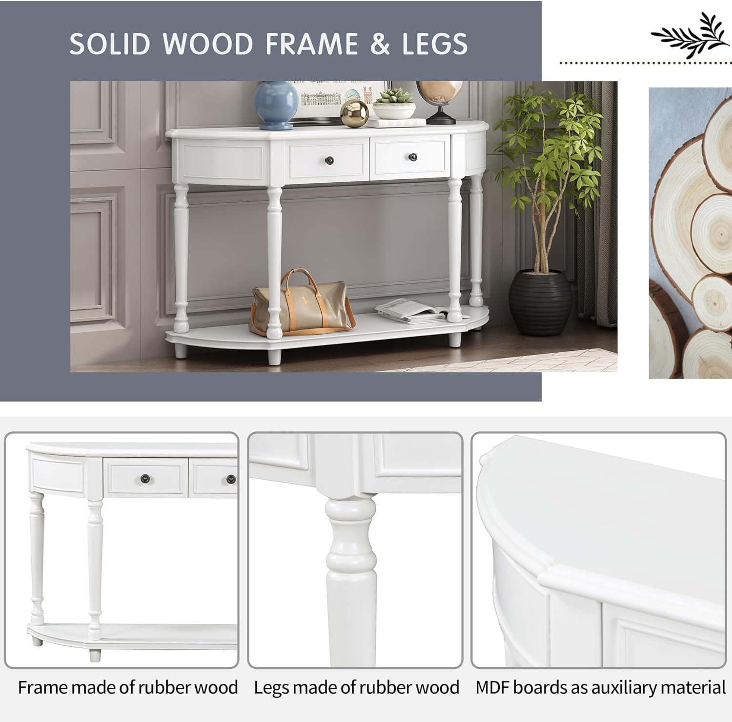 White Solid Wood Storage Cabinet with 2 Drawers and Open Shelf I683378