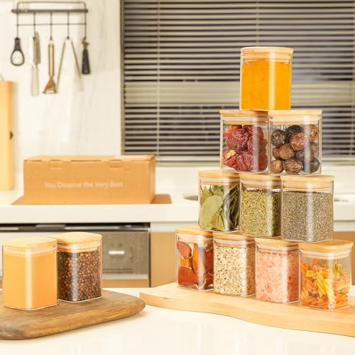 12 Pcs Glass Spice Jars with Bamboo Airtight Lids, 6 oz Spice Containers N795