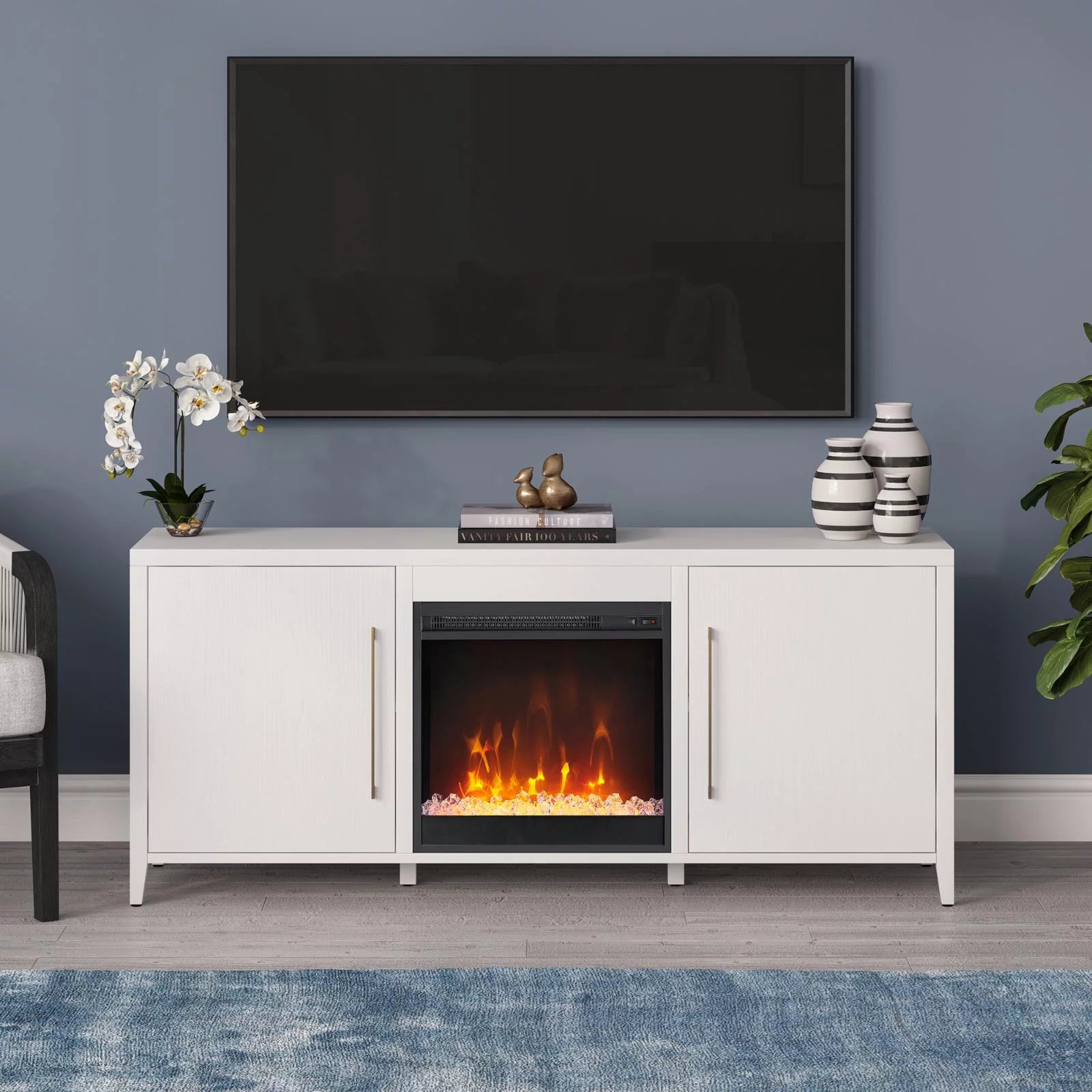 White Rectangular TV Stand with Fireplace F966327