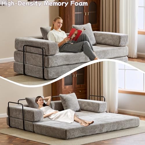 Dark Gray Chenille Convertible Floor Sofa Bed with Pillow Back & Armrest A96842