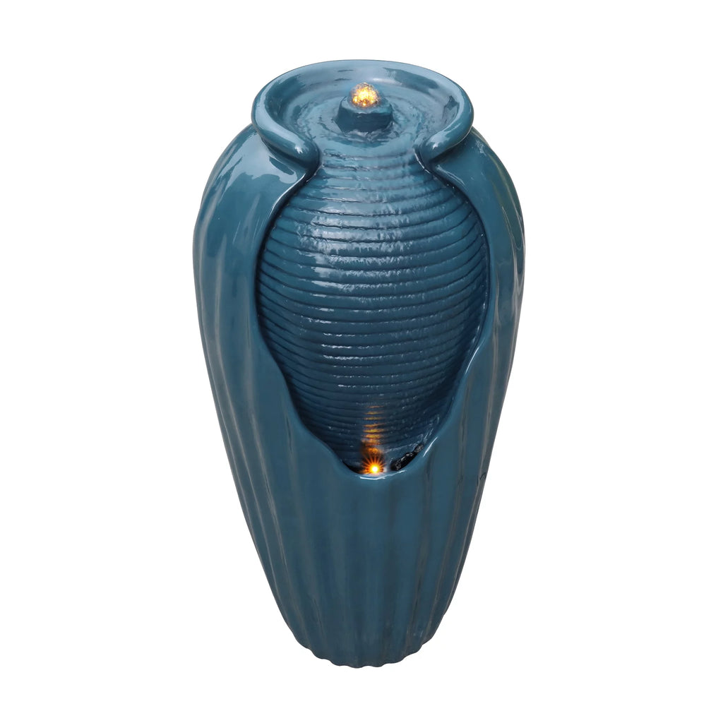 Blue Glazed Contoured Vase Water Fountain with LED Lights U500