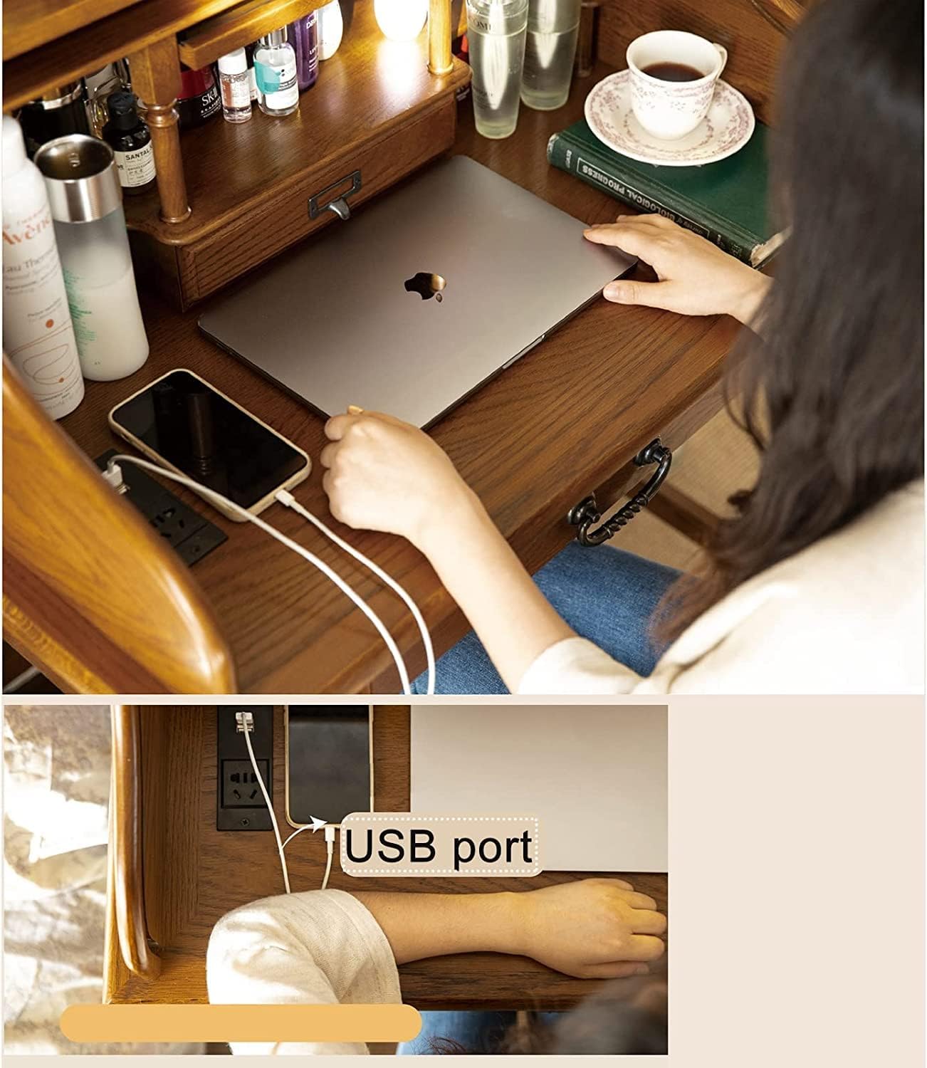 Oak Wood Vanity Desk with Pull-Out Hidden Mirror and Charging Port H2962