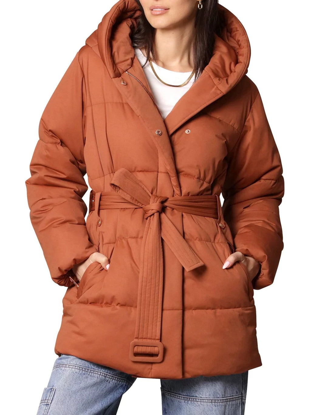 Women's Hooded Wrap Puffer Coat with Belt F731