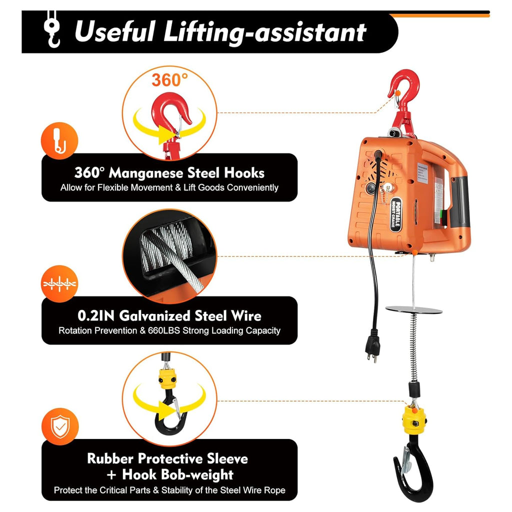 660LBS 110V 1500W Electric Hoist Winch with Wired and Wireless Remote Control Y255