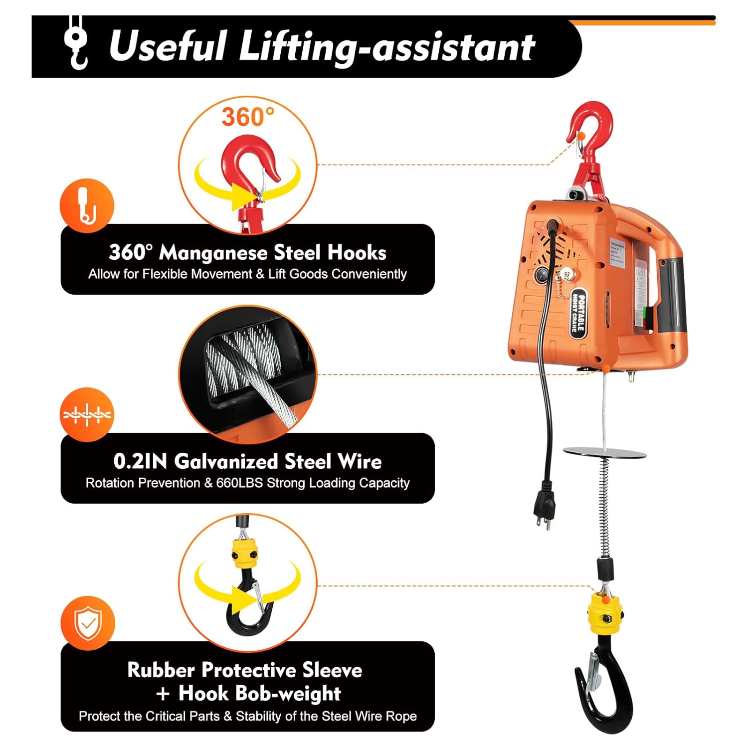660LBS 110V 1500W Electric Hoist Winch with Wired and Wireless Remote Control Y255