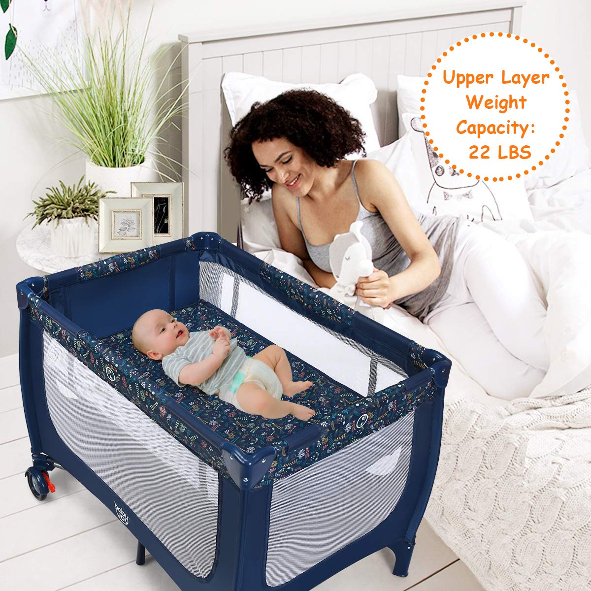 Blue Foldable Baby Playard with Bassinet and Carry Bag B737