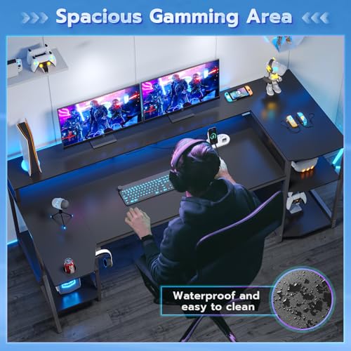 Black Gaming Desk with LED Lights and Storage Shelves E692046