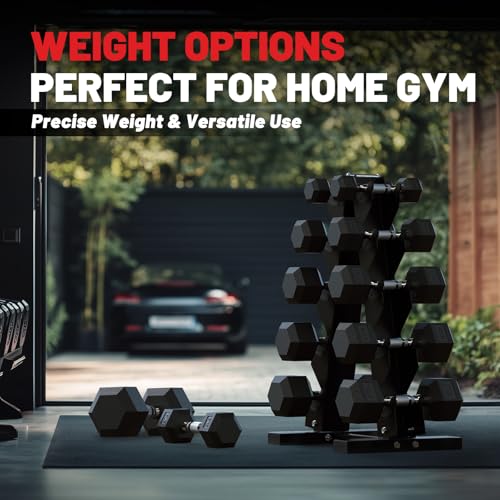 60-550lb Rubber Coated Hex Dumbbell Set with Rack Y455694