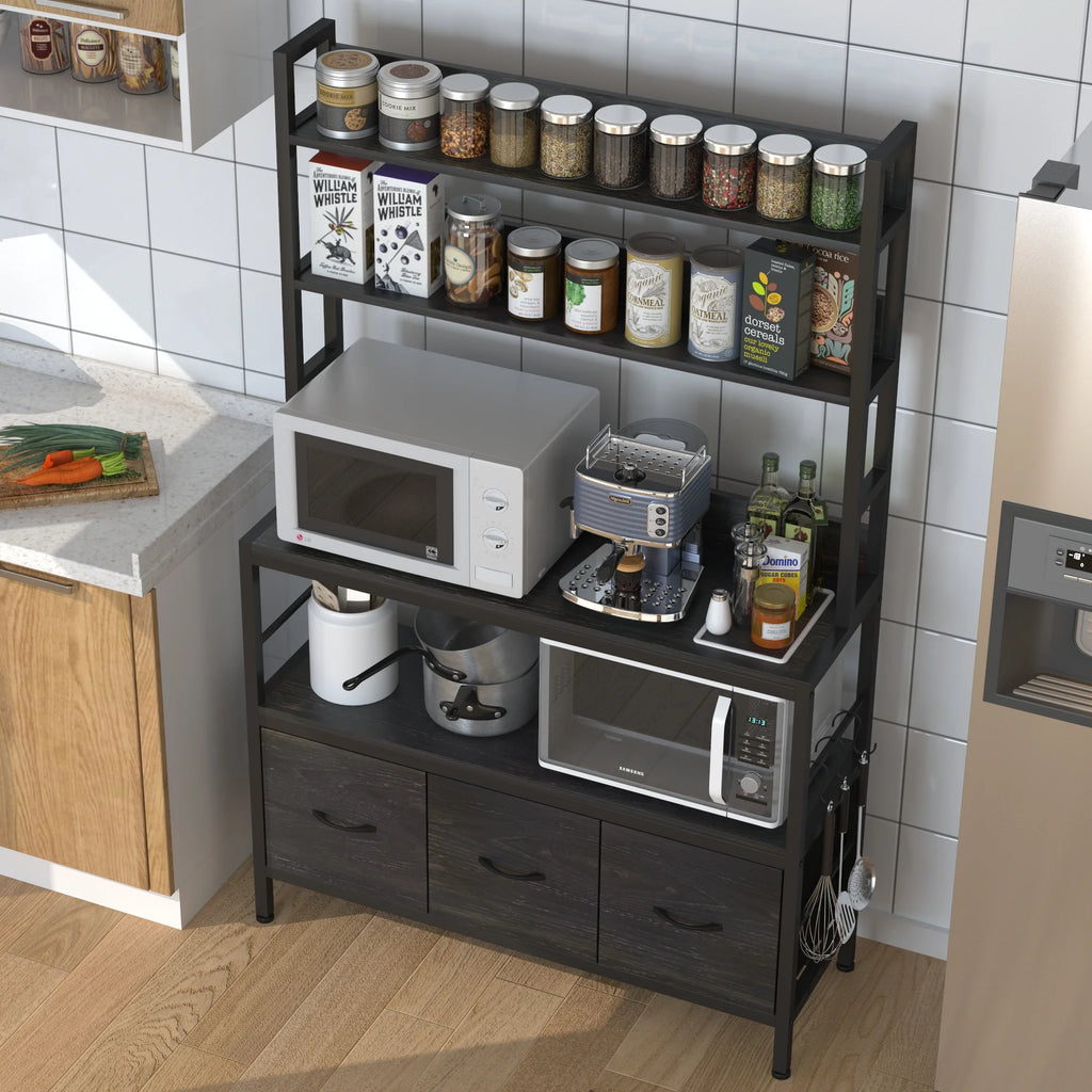 5-Tier Black Wood Kitchen Storage Shelf with Baskets and Hooks T8440