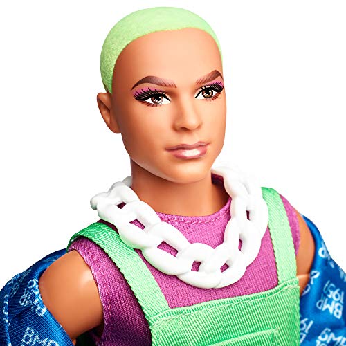 Fully Poseable Fashion Doll with Neon Hair, Neon Overalls, Puffer Jacket, Accessories, and Doll Stand U7661