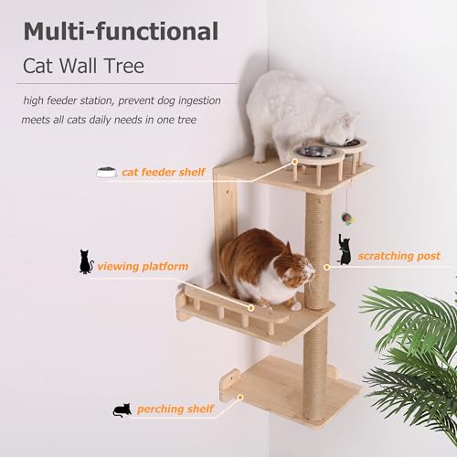 3 Levels 36" Wood Cat Wall Shelf with Feeder P78764