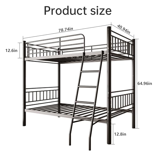 Black Metal Twin Over Twin Bunk Bed with Ladder and Guardrail S9004
