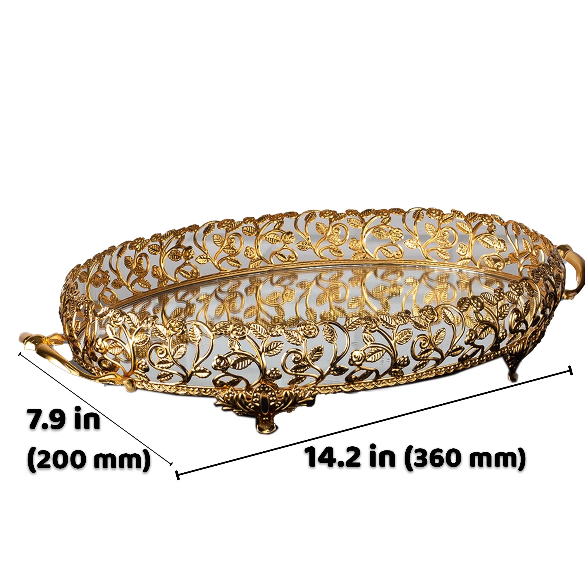 Metal Handmade Filigree Mirrored Tray, 17.3" x 10.2", Gold D33056