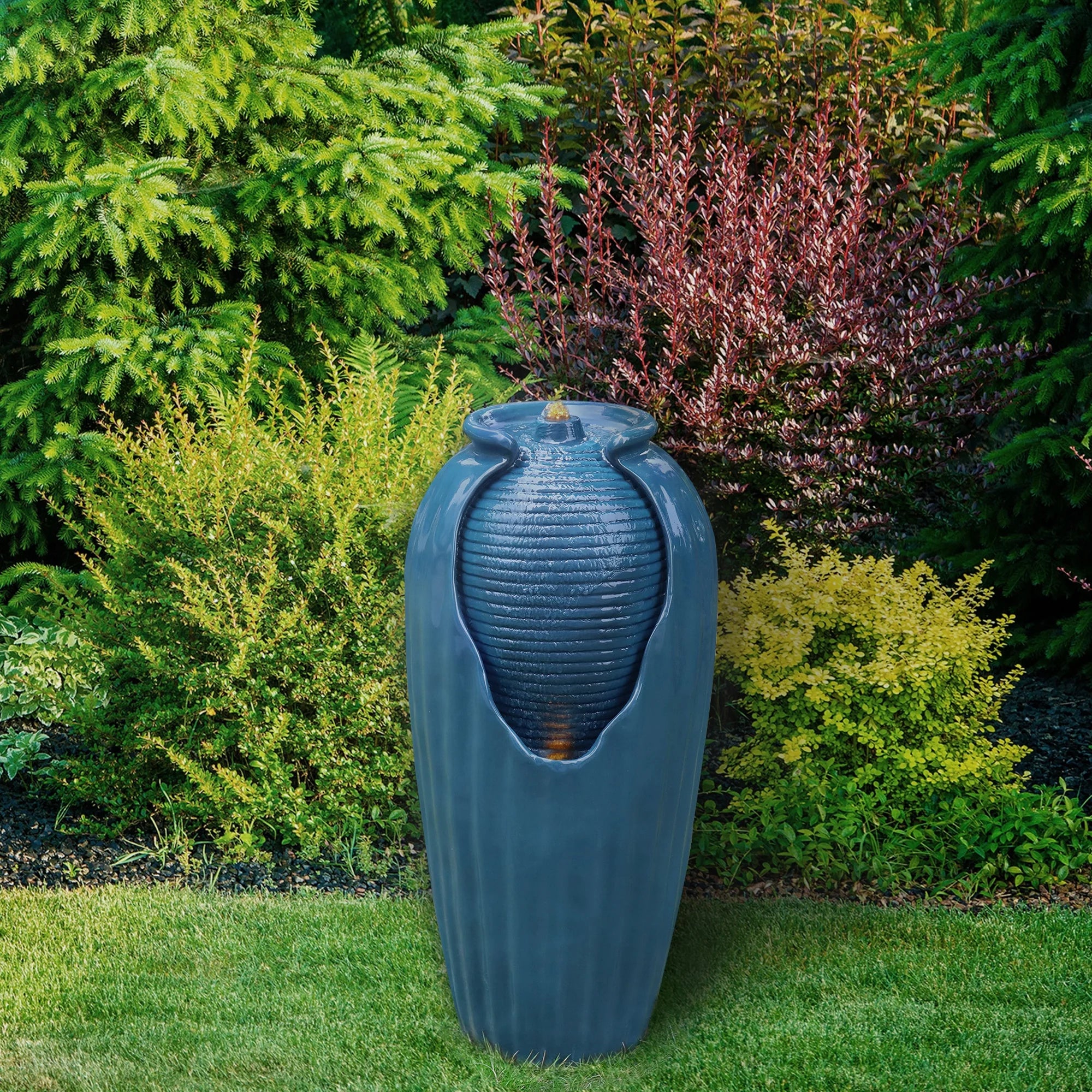 Blue Glazed Contoured Vase Water Fountain with LED Lights U500