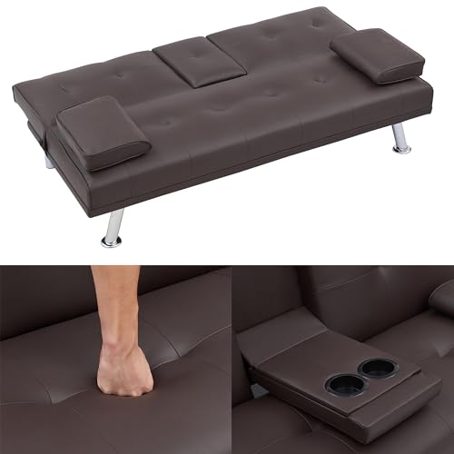Brown Leather Double Folding Sofa Bed with 2 Cup Holders M5093