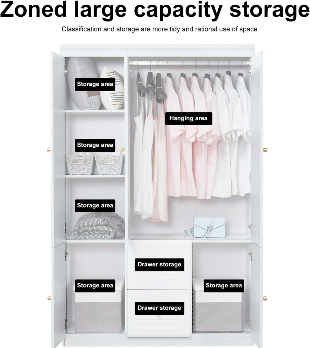 White 3 Door Wooden Armoire Wardrobe with 2 Drawers and Hanging Rod S72877