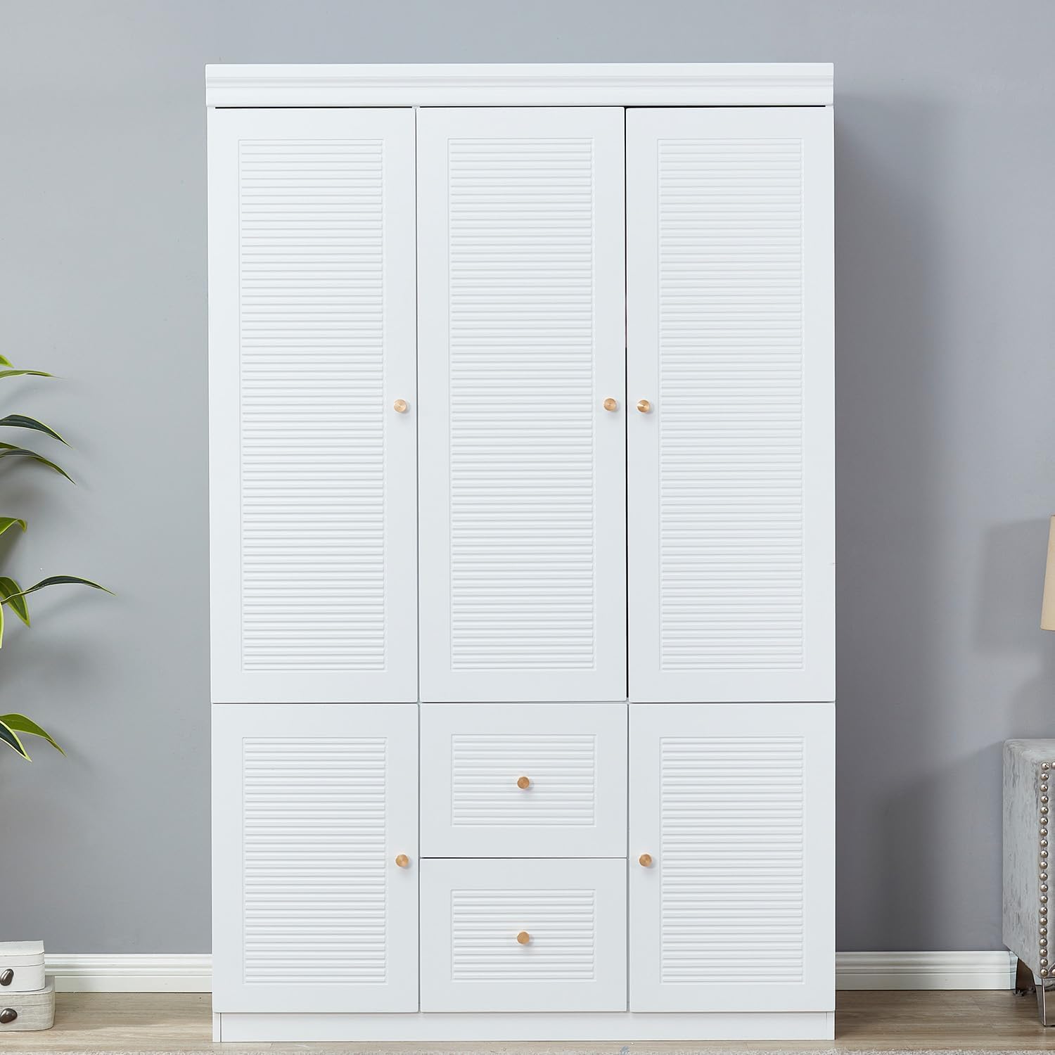 White 3 Door Wooden Armoire Wardrobe with 2 Drawers and Hanging Rod S72877