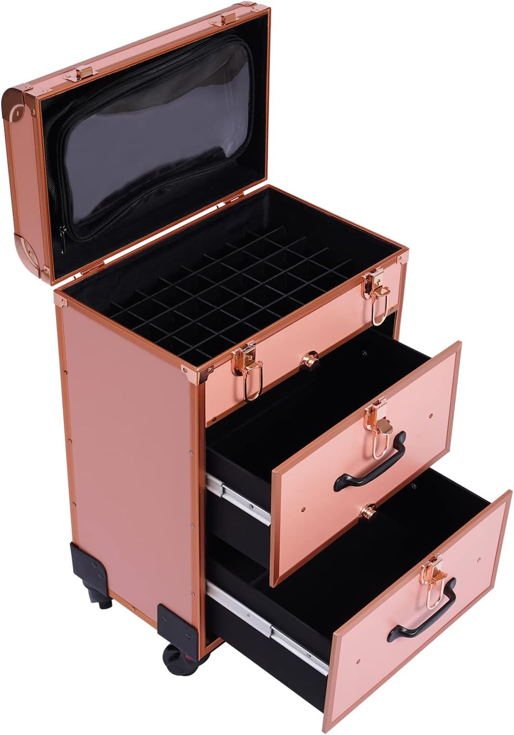 3 Layers Rolling Makeup Case with Reinforced Lock & Transparent Storage Bag Gold N171