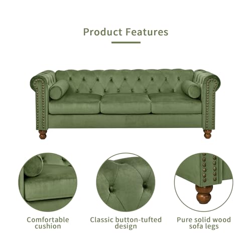 Green Velvet 3 Seater Sofa with 2 Pillows Y65780