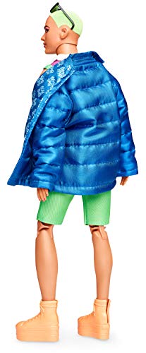 Fully Poseable Fashion Doll with Neon Hair, Neon Overalls, Puffer Jacket, Accessories, and Doll Stand U7661