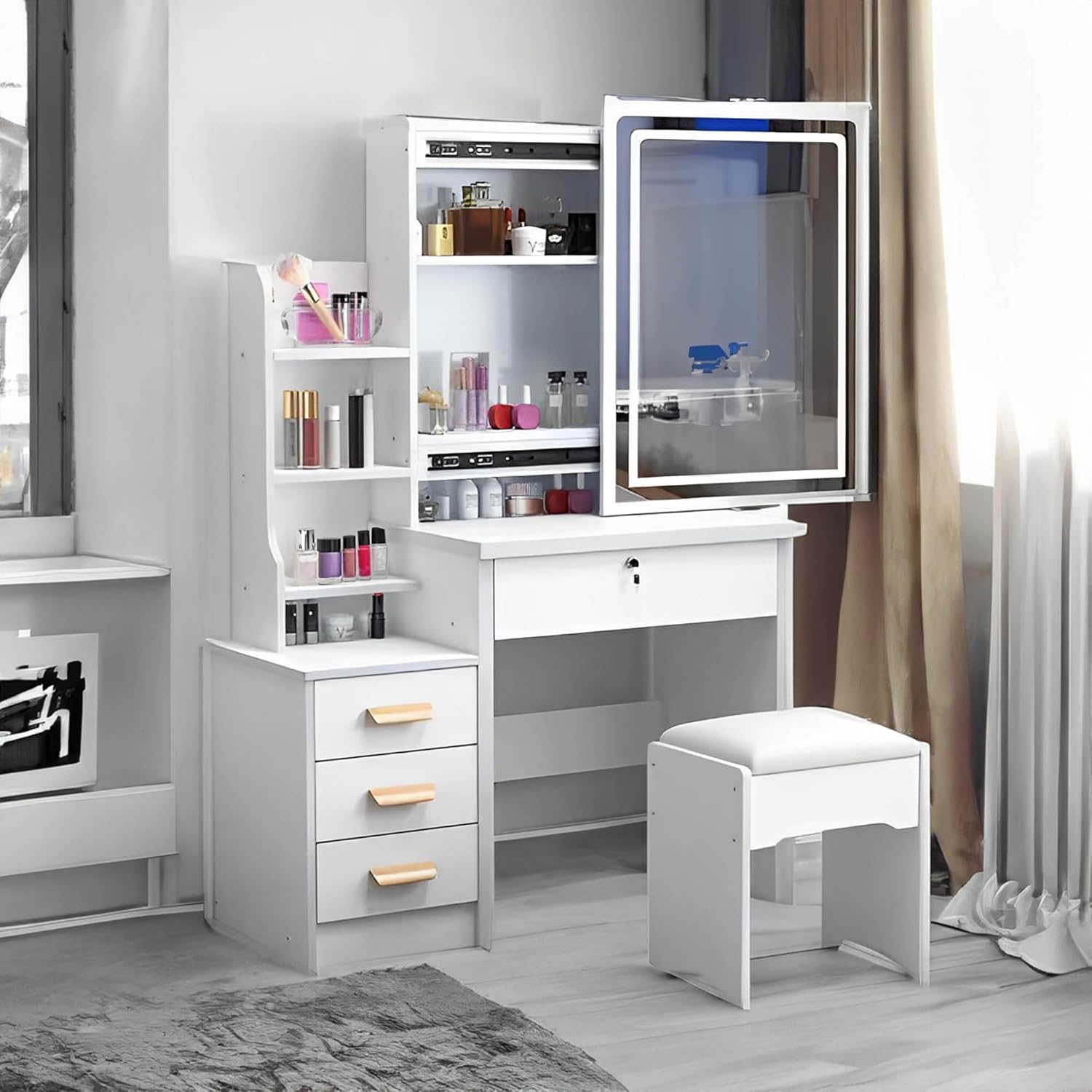 White Vanity Desk with Mirror and Lights, Drawers and Shelves, 3 Color Lighting Adjustable, Stool B354867