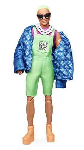 Fully Poseable Fashion Doll with Neon Hair, Neon Overalls, Puffer Jacket, Accessories, and Doll Stand U7661