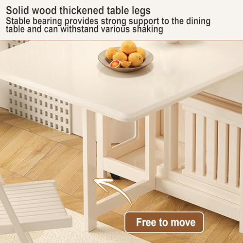 White Folding Dining Table with 4 Brake Wheels, Drawers, Storage Cabinet, 140CM Y375810