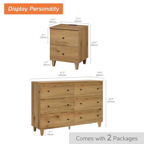 Oak Brown 6 Drawer TV Stand with 1 End Table 2 Drawers Charging Station 2 Pieces Wood Furniture Set H7531
