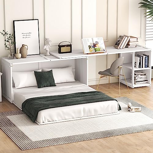 White Wood Queen Size Murphy Bed with Desk D7306