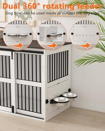 84.5" Double Medium Dog Crate Furniture with Drawer and Cabinet, Barn Sliding Doors, Rotatable Dog Bowls Feeder I207