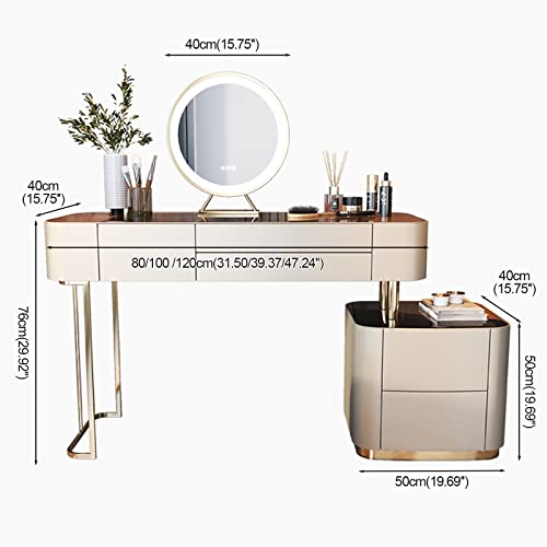 Vanity Desk Mirror and Lights, Dressing Table & Flexible Side Cabinet & Makeup Stool, Wood Frame Leather Finish Glass Top (47in) S691087