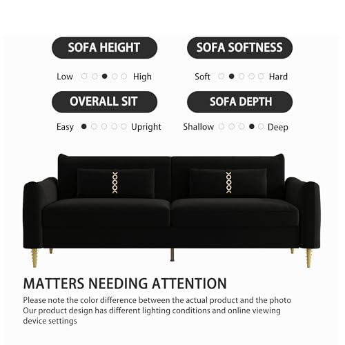 85 in 3-Seat Velvet Couch with Solid Wood Frame, 2 Pillows, Gold Legs Q25644