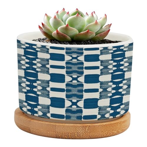 Blue and White Ceramic Planters with Drainage Holes and Saucers F58361