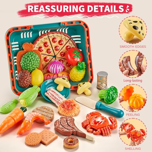 80PC Pretend Food with 2 Kids Picnic Basket, Plastic Food Cutting Toys F5904