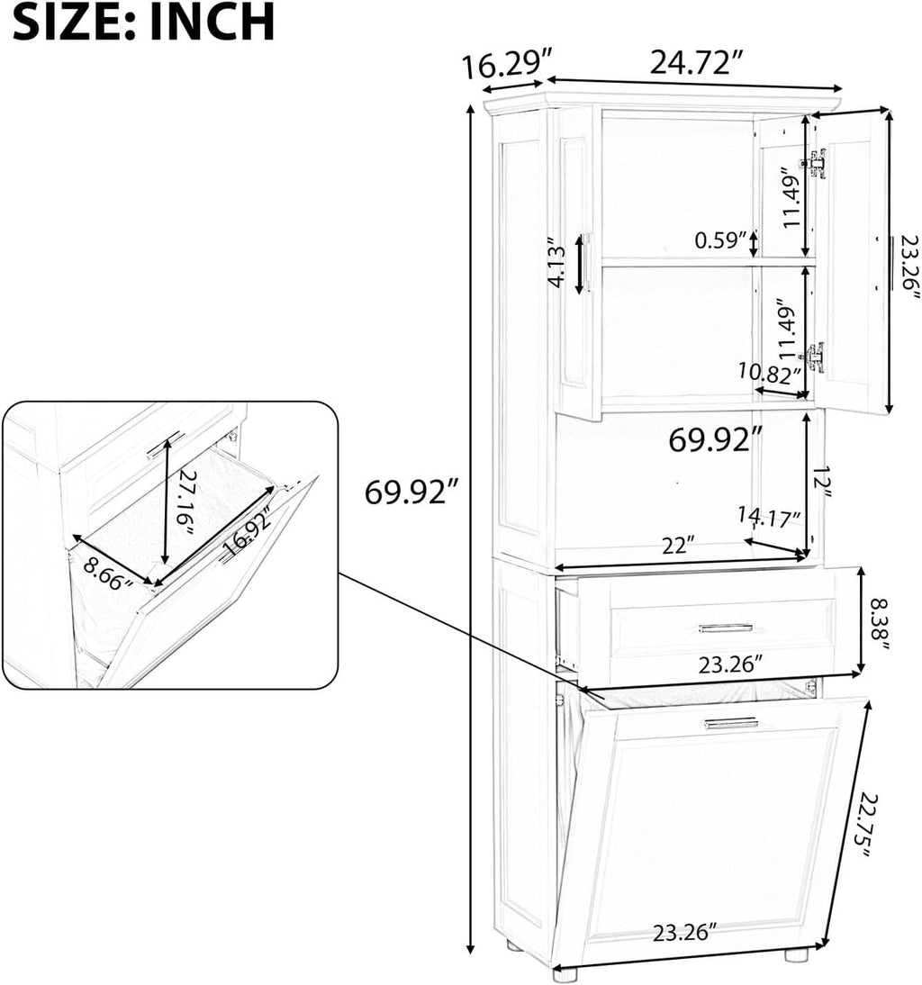 70" Tall Tilt Out Laundry Hamper Cabinet with 2 Doors and Adjustable Shelf G14631